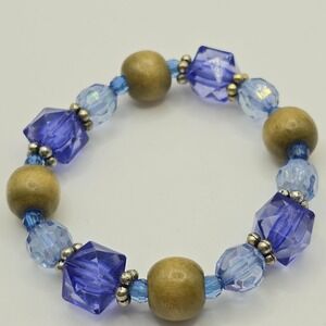 Vintage Blue Glass‎ and Wooden Beaded Stretch Bracelet Womens Boho Casual